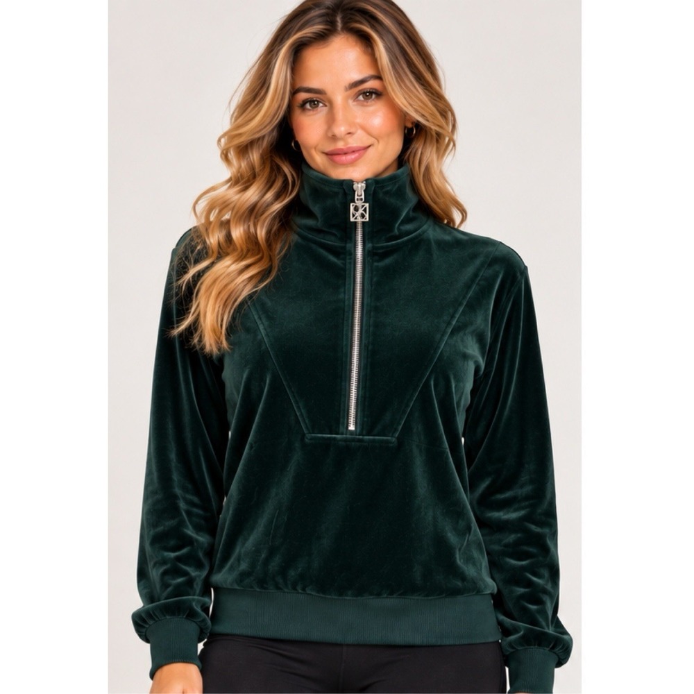 CALVIN KLEIN Sweatshirt Women's S Green Velour Silver 1/2 Zip Pullover Fall